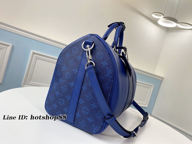 路易威登LV旅行包 M30235藍色 KEEPALL 45旅行袋 LV十字紋皮配花料旅行袋 LV男士手提旅行包 xxlv2402